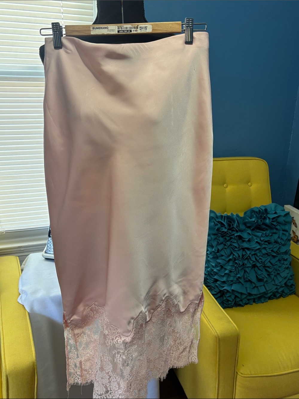 Blush Pink Satin Midi Skirt with Lace Hem size medium elastic waist band